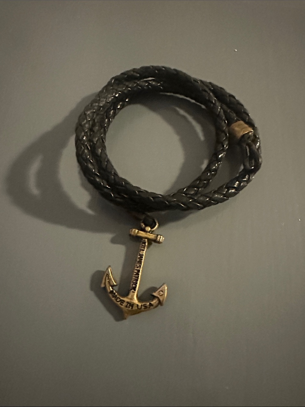 Kiel James Patrick Black Braided Leather Wrap Bracelet with Brass Anchor